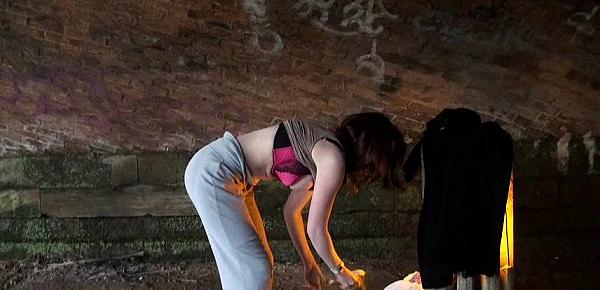  Stripping uk amateur Holly Kiss flashing in public under a railway bridge